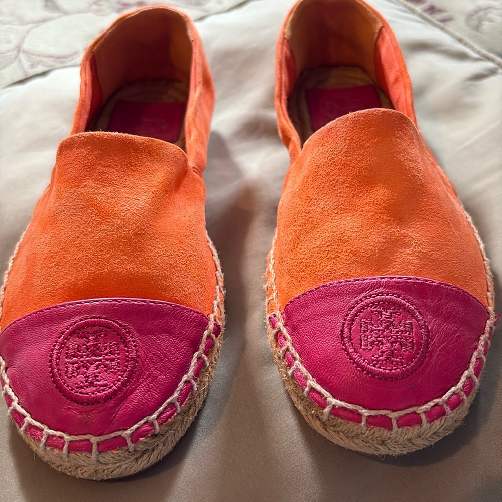 Tory Burch Color Block Espadrilles. Size 5.  Sweet Tangerine/Bright Azalea.